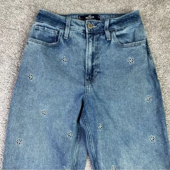 Hollister Dad Jeans Women’s 25 Short Blue Straight High Rise Flower Embroidered - Picture 2 of 12